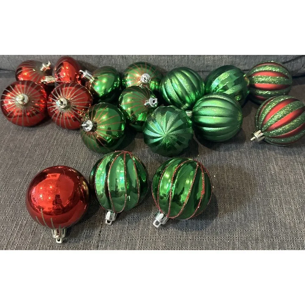 17 Retro Round/Top Shape‎ Red &  Green Glitter Shatterproof Christmas Ornaments